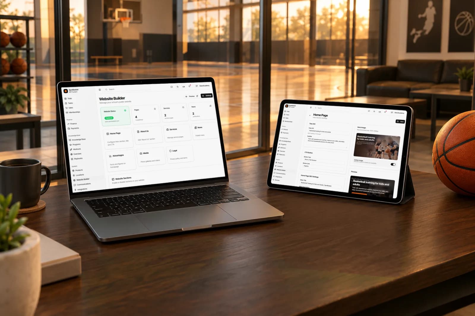Página web de una escuela de baloncesto creada con SpotBasket, vista en un portátil y un móvil