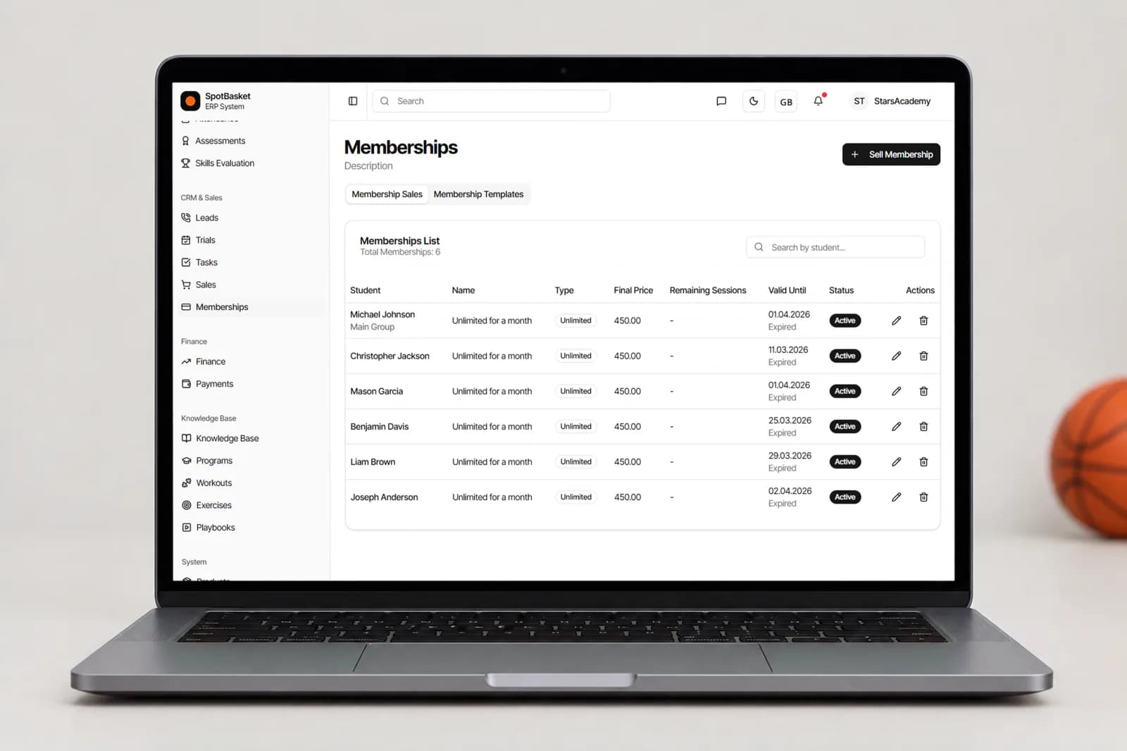 Plantillas de cuota con precio, sesiones y validez en la gestión de cuotas de club deportivo de SpotBasket